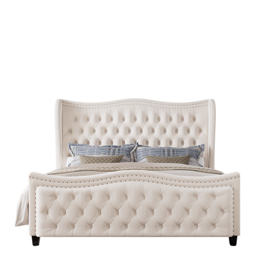 Gem-Tufted Queen Size Upholstered Wingback Bed with Curved Design