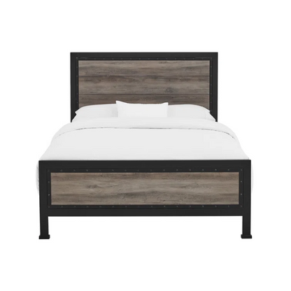 Rustic Industrial Queen Size Bed with Wood-Look Center – Sturdy and Stylish Design