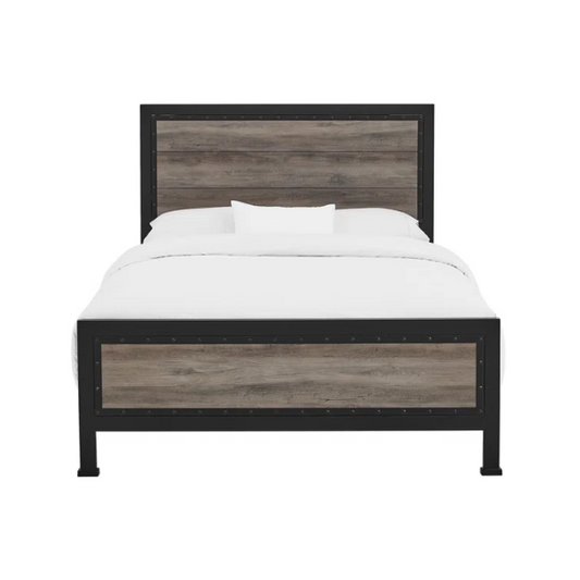 Rustic Industrial Queen Size Bed with Wood-Look Center – Sturdy and Stylish Design