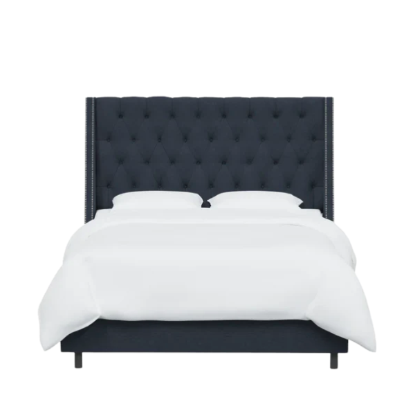 Chic Upholstered Wingback King Size Bed with Button Tufting and Nailhead Trim