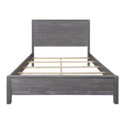 Rustic Solid Pine Wood King Size Panel Bed with Distressed Finish and Streamlined Headboard