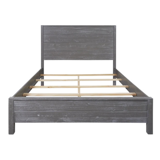 Rustic Solid Pine Wood King Size Panel Bed with Distressed Finish and Streamlined Headboard