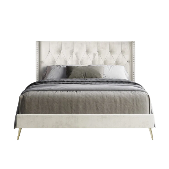 Luxurious King Size Upholstered Wingback Bed with Velvet Upholstery – Elegant Diamond Tufting, Nailhead Trim, Gold-Finished Feet, and Foam-Padded Headboard for Ultimate Comfort and Style