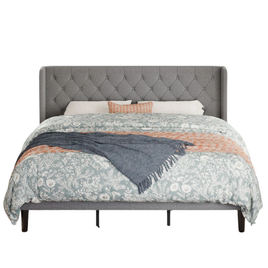 Luxurious King Size Upholstered Wingback Platform Bed with Button-Tufted Linen Fabric – Sturdy Wood Frame, High-Density Foam, and Ample Under-Bed Storage for a Stylish, Safe, and Comfortable Bedroom