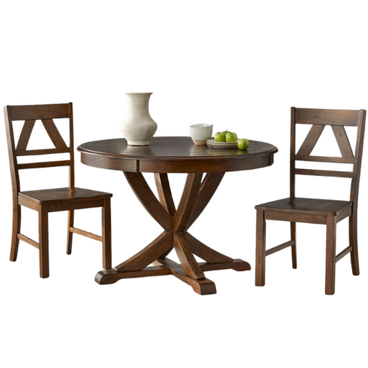 Country-Style 3-Piece Dining Set – Round Beadboard Table with X-Base and Geometric Back Chairs