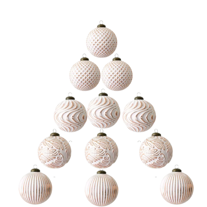 White & Champagne Gold Embossed Christmas Ornaments – Elegant Textured Bauble Set (12 Pieces)