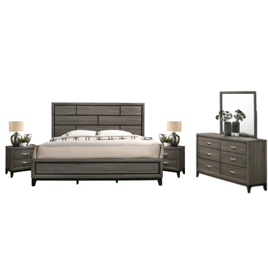 Rustic Cabin-Inspired 5-Piece Queen Bedroom Set with Carved Wood Panel Bed, Metal Hardware, and Dark Gray Brushed Finish