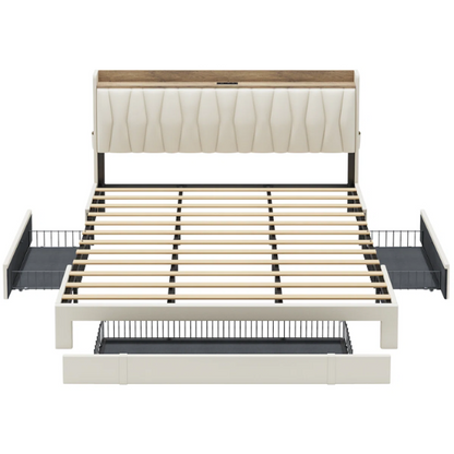 Modern Upholstered King Size Bed Frame with 3 Storage Drawers, Soft Foam Headboard, and Built-in Charging Station