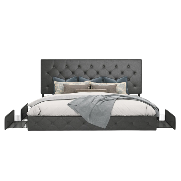King Size Upholstered Platform Bed with Storage Drawers, Padded Headboard, and Sophisticated Button Tufting