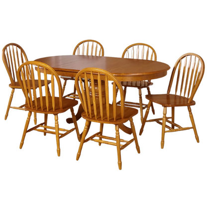 7-Piece Farmhouse Solid Wood Dining Set with Extension Leaf – Pedestal Table & Windsor Chairs