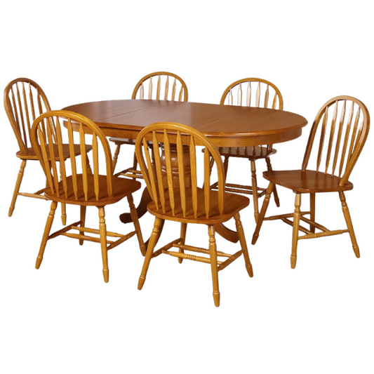7-Piece Farmhouse Solid Wood Dining Set with Extension Leaf – Pedestal Table & Windsor Chairs