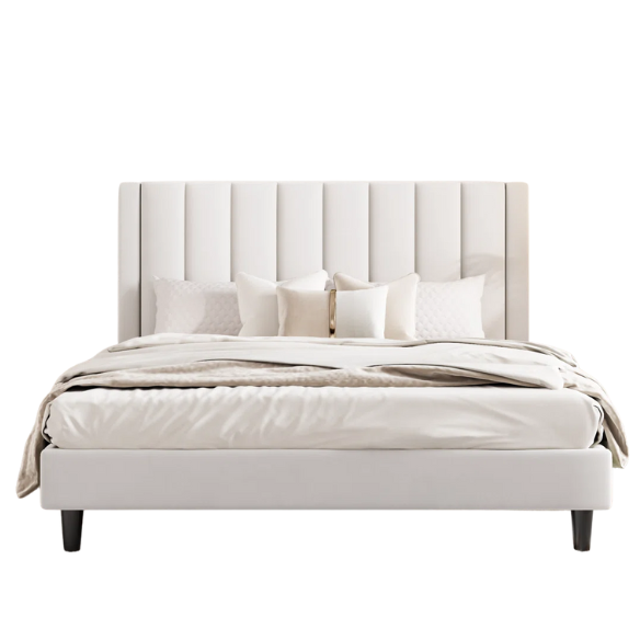 Luxurious Upholstered Platform Bed – Full/Double Size with Velvet Upholstery and Striped Headboard for Elegant Comfort