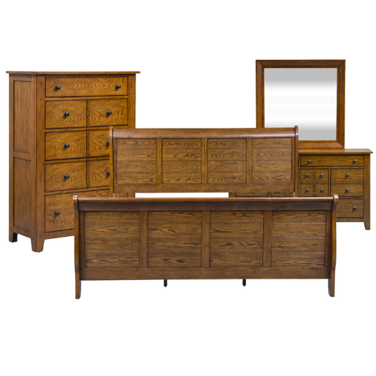 Rustic American Elegance:   Sleigh Bed, Dresser & Mirror, Chest – Crafted with Rubberwood Solids & Oak Veneers, Featuring Antique Brass Hardware, Dovetail Construction, and Ample Storage for a Timeless, Durable Bedroom Collection