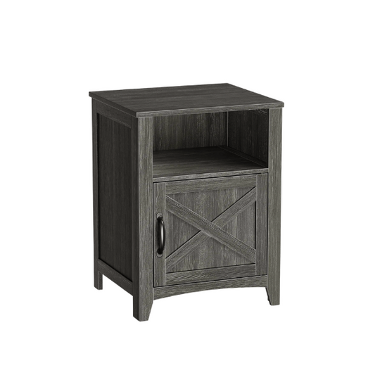 Farmhouse Nightstand with Cabinet & Open Compartment – Rustic Bedside Table, Distressed Finish, Barn Door Style, Matte Black Metal Handles, Flared Legs, Versatile Storage for Bedroom or Living Room
