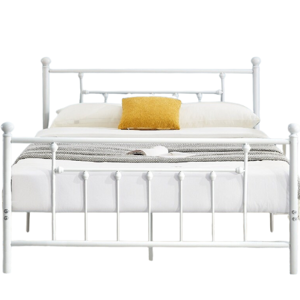 King Size Metal Open-Frame Platform Bed with Spindle Accents, Storage Footboard, and Slat Kit – No Box Spring Needed, Ideal for Farmhouse to French Country Styles