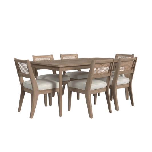 7-Piece Brown Wood Rectangle Dining Set – Mid-Century Boho Style with Sustainable Oak & Cane Details