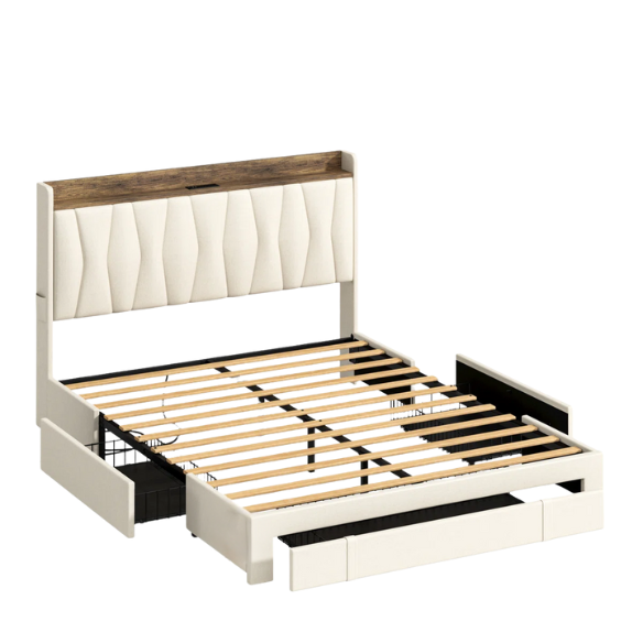 Upholstered Full/Double Bed Frame with 3 Drawers, Storage Headboard & Built-In Charging Station – Stylish & Functional Design