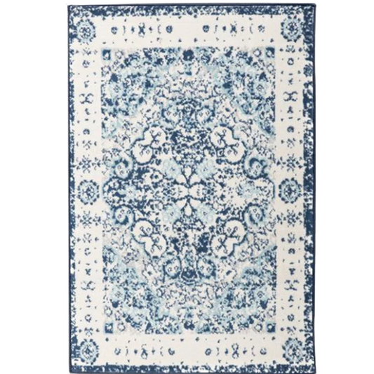Distressed Oriental-Inspired Indoor Rug – Blue and White Medallion Pattern, Stain-Resistant, Fade-Resistant, Perfect for Traditional & French Country Décor