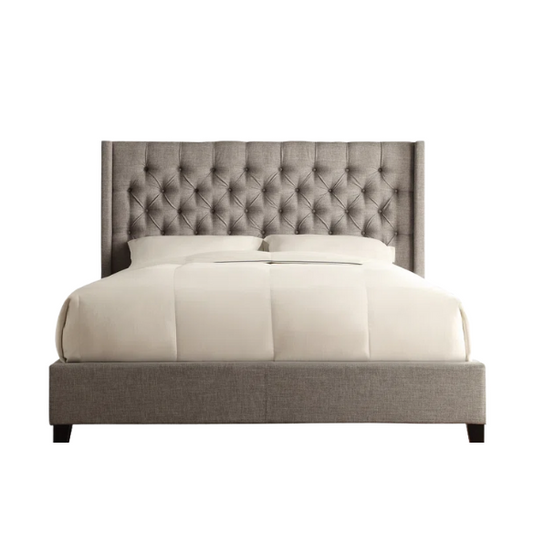 King Size Upholstered Wingback Bed with Linen Fabric, Tapered Legs, and Button Tufted Headboard