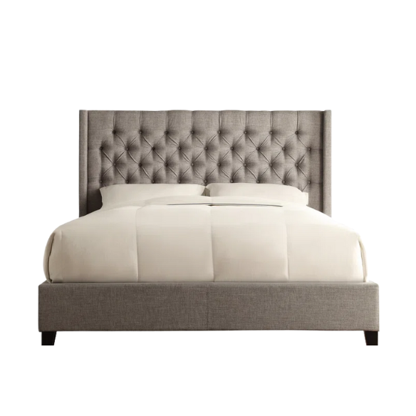 King Size Upholstered Wingback Bed with Linen Fabric, Tapered Legs, and Button Tufted Headboard