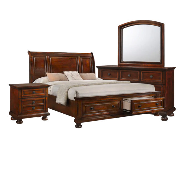 Cherry Brown King Size Platform Bedroom Set with Real Wood Veneers, Full Extension Footboard Storage Drawers, and Matching Large-Scale Dressers, Nightstands, and Mirror