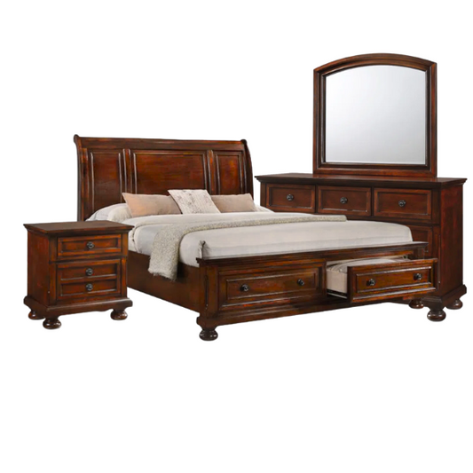 Cherry Brown King Size Platform Bedroom Set with Real Wood Veneers, Full Extension Footboard Storage Drawers, and Matching Large-Scale Dressers, Nightstands, and Mirror