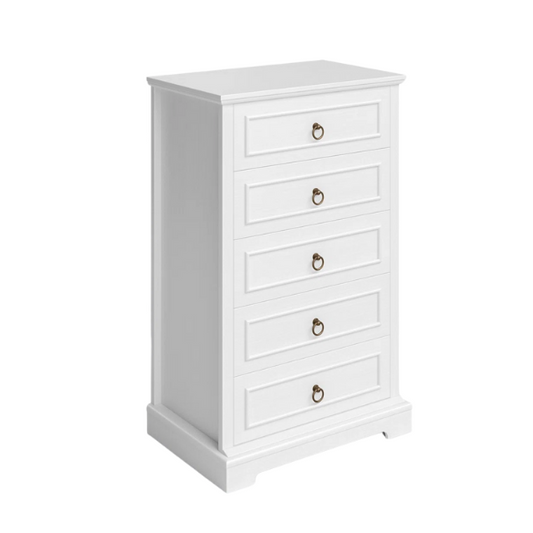 French Country-Inspired 5-Drawer Chest with Metal Ring Handles, Paneled Detailing, and Classic Crown Molding