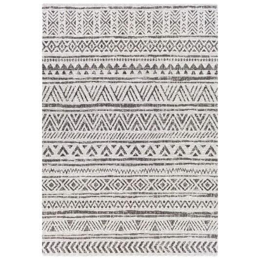Striped Geometric Area Rug – Charcoal & Off-White, Durable Polypropylene, Low-Pile Design for High-Traffic Indoor/Outdoor Spaces