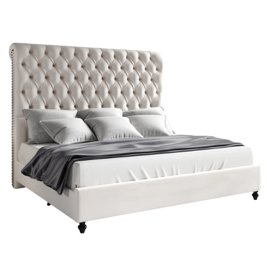 Luxurious Velvet Upholstered Sleigh Bed with Tufted Button and Gem-Accented Headboard