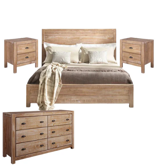Rustic Farmhouse 4-Piece King Bedroom Set – Solid Pine Wood Bed, Dresser, Chest & Nightstand