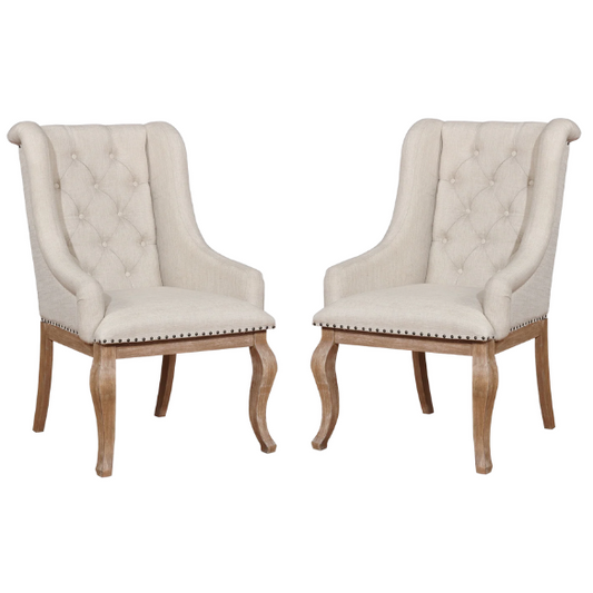 Beige Button Tufted Upholstered Arm Chairs with Light Tan Wooden Legs (Set of 2) – Elegant Accent Dining or Lounge Seating