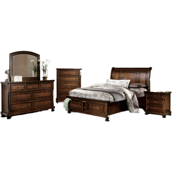 Transitional 3-Piece Queen Platform Bedroom Set with Hidden Storage – Includes Nightstand, Dresser, and Bed with Traditional Bun Feet and Rich Medium Brown Finish