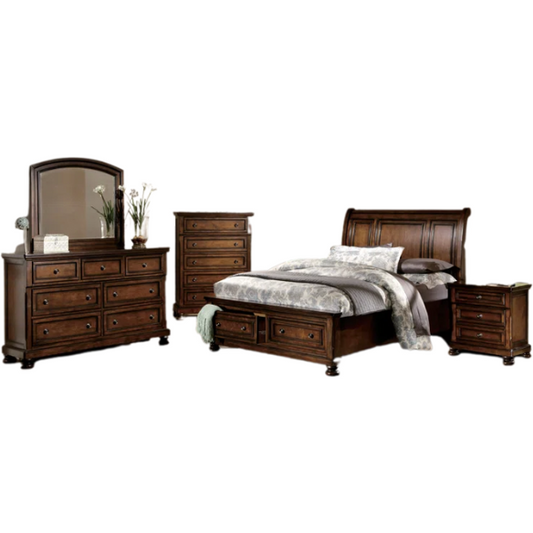 Transitional 3-Piece Queen Platform Bedroom Set with Hidden Storage – Includes Nightstand, Dresser, and Bed with Traditional Bun Feet and Rich Medium Brown Finish