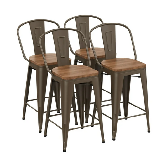 Set of 4 Farmhouse Counter Height Bar Stools – Rustic Industrial Style with Removable Backrest, Heavy-Duty Steel Frame, and Scratch-Resistant Finish
