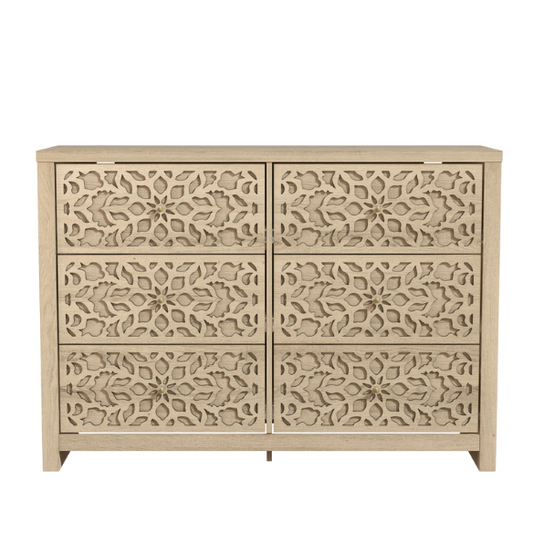 Boho-Inspired 45.4" 6-Drawer Dresser with Distressed Finish and Openwork Floral Details