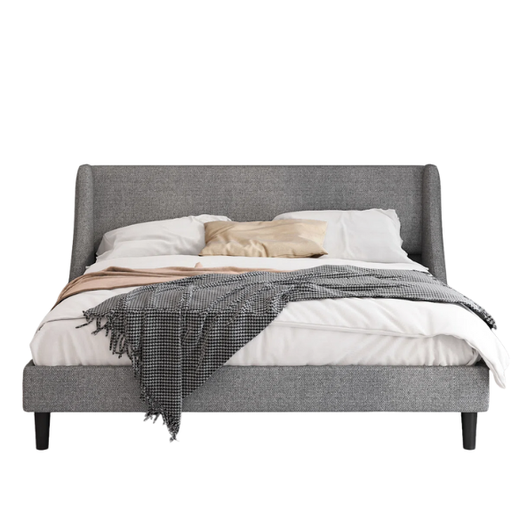 Luxurious King Size Upholstered Platform Bed with Deluxe Wingback Headboard – Soft Velvet and Linen Blend Upholstery, Sturdy Solid Wood Frame, and Modern Minimalist Design for Ultimate Comfort