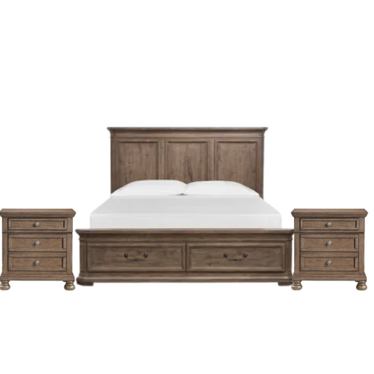 Transitional Brown 3-Piece Queen Bedroom Set – LED Light Bed with Industrial Accents and Rustic Birch Veneer, Featuring 2 Nightstands