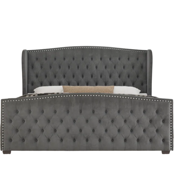 Velvet Queen Size Bed with Button Tufted Upholstery, Nailhead Trim, and Wingback Headboard
