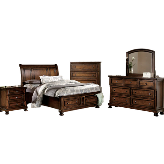 Timeless 5-Piece Platform Bedroom Set with Hidden Storage, Rich Medium Brown Finish, Birch Veneer, and Hardwood Accents - Featuring Bun Feet, Clever Drawer Storage, and Classic Transitional Design