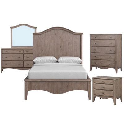 Rustic Charm Meets Chic Elegance: Solid Wood Platform King Size Bedroom Set with Scalloped Edges, Weathered White Wash Finish, Unique Grain Patterns, Angled Feet, and Oil-Rubbed Bronze Drawer Pulls