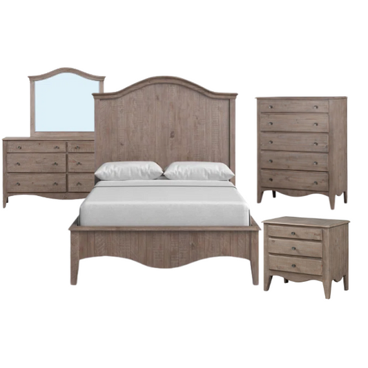 Rustic Charm Meets Chic Elegance: Solid Wood Platform King Size Bedroom Set with Scalloped Edges, Weathered White Wash Finish, Unique Grain Patterns, Angled Feet, and Oil-Rubbed Bronze Drawer Pulls
