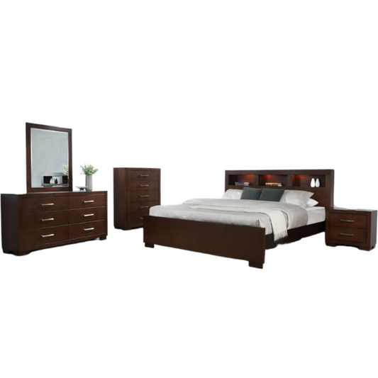 5-Piece Queen Bedroom Set with Bookcase Headboard & Storage – Warm Cappuccino Finish