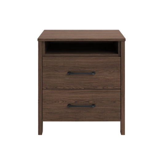 22.7" 2-Drawer Nightstand – Space-Saving Modern Minimalism, Engineered Wood with Clean-Lined Silhouette, Neutral Finish, Open Cubby & 2 Spacious Drawers for Bedroom Storage, Ideal for Tech & Accessories