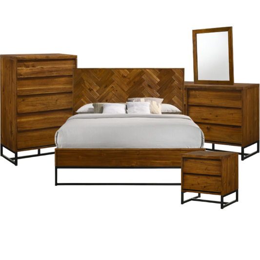 Industrial Mid-Century Modern Platform Bedroom Set with Herringbone Design Headboard – Stylish and Versatile