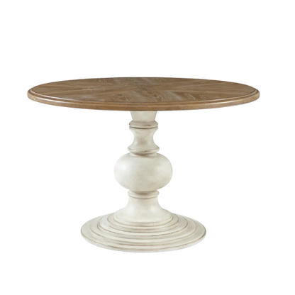 46" Round Pedestal Dining Table – Farmhouse Charm with Reclaimed Walnut Diamond Veneer Top & Antique Cream Pedestal Base