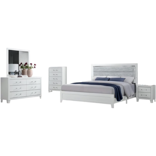 5-Piece White King Bedroom Set with LED-Backlit Upholstered Headboard, Modern Acrylic Hardware, and Plush Comfort