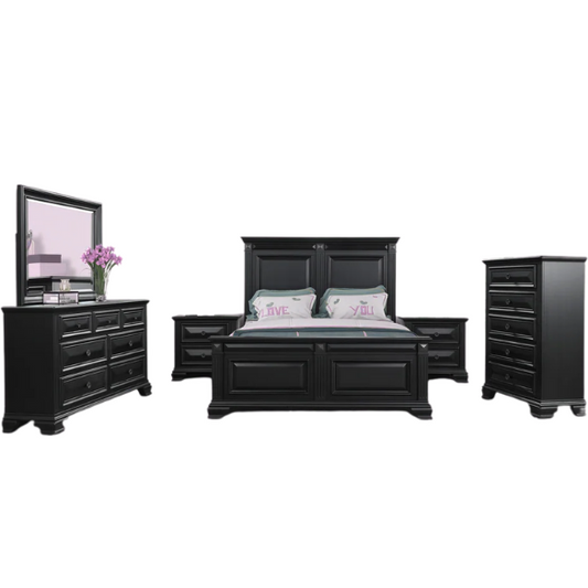 Timeless Vintage Black Wood 6-Piece Traditional Bedroom Set with Double-Panel Bed, Silvertone Accents, and Fluted Pilasters
