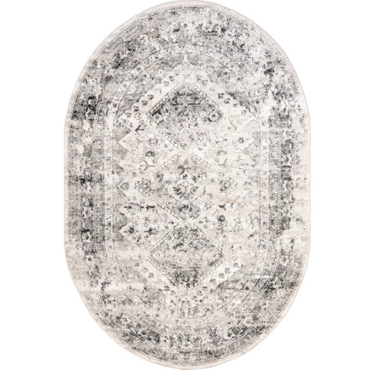 Distressed Oriental-Inspired Indoor Rug – Gray, Silver & Ivory Medallion Pattern, Stain-Resistant, Fade-Resistant, Perfect for Traditional & French Country Décor