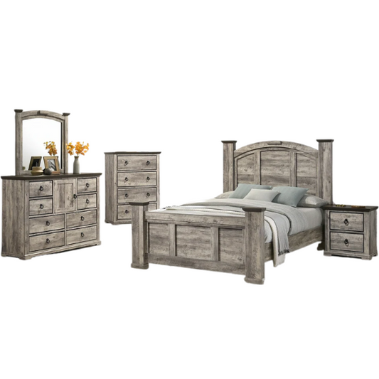 5-Piece Gray Rustic Panel Bedroom Set – A Harmonious Blend of Rustic Charm and Modern Elegance