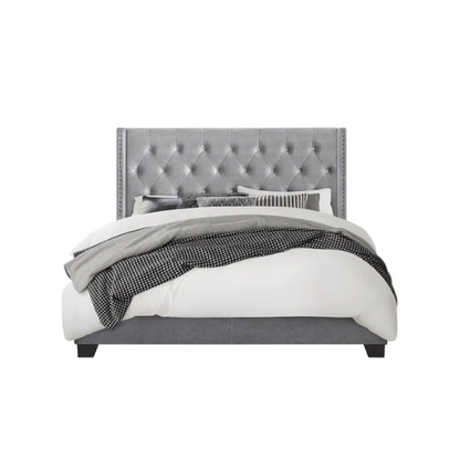 Queen Size Upholstered Low Profile Bed with Glamorous Button Tufted Foundation – Elegant and Timeless Design
